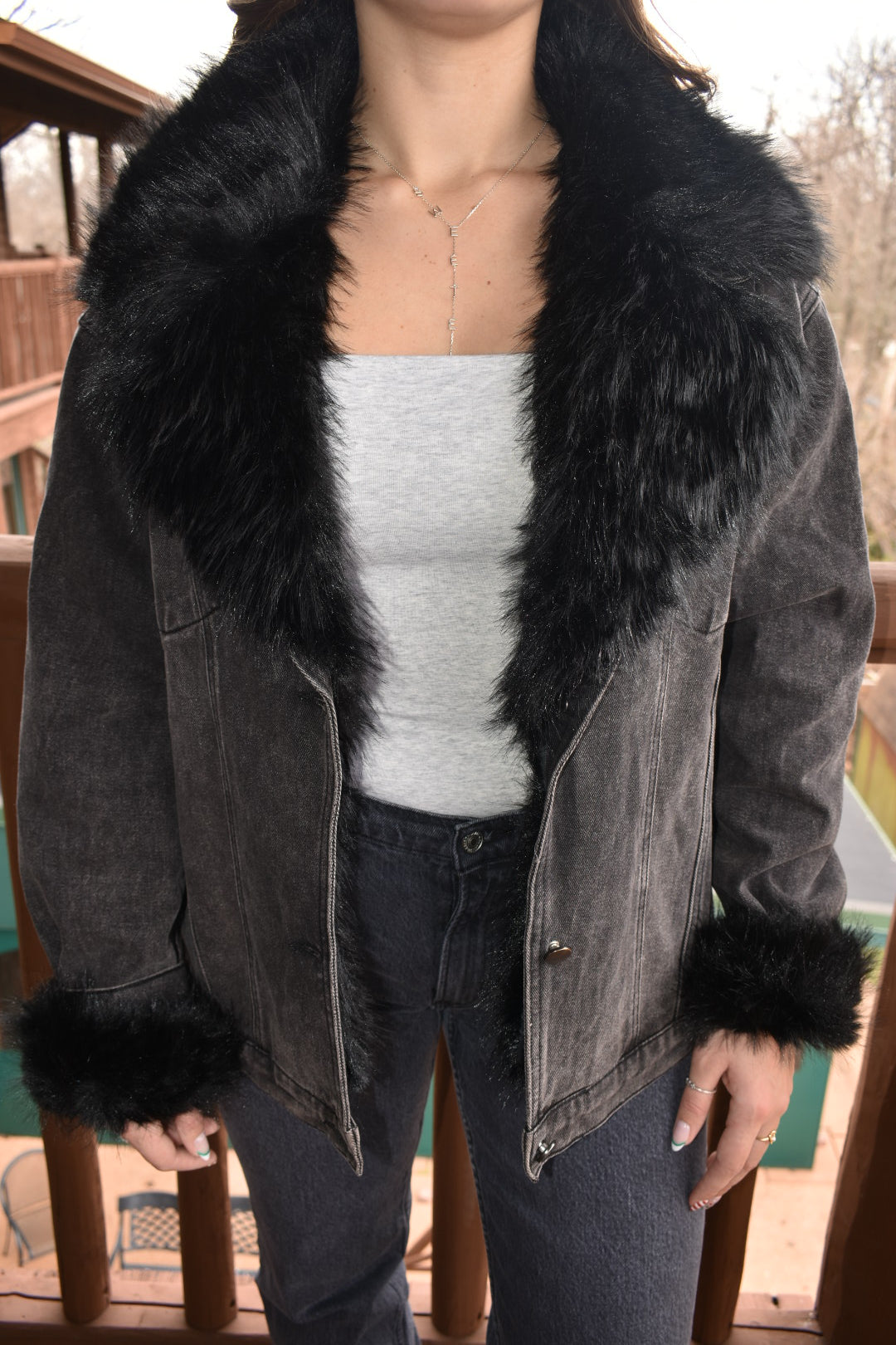 Black Diamond Fur Denim Jacket