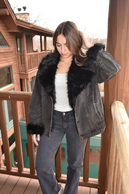 Black Diamond Fur Denim Jacket