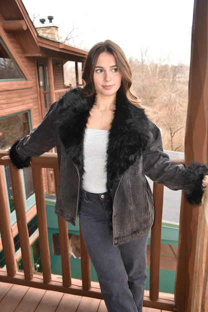 Black Diamond Fur Denim Jacket