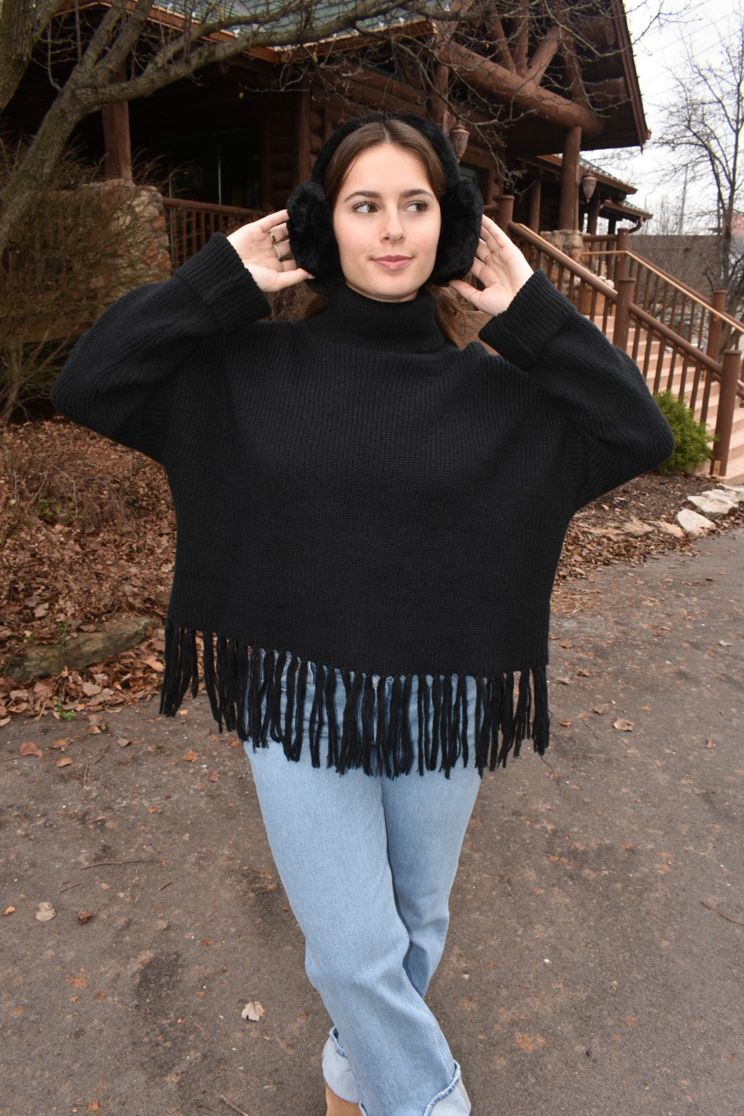 Chalet Fringe Black Sweater